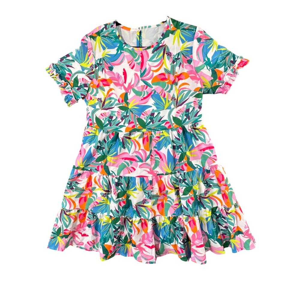Tropical Leaf Print Tiered Mini Dress Women L Short Sleeve Y2K Festival Vacation